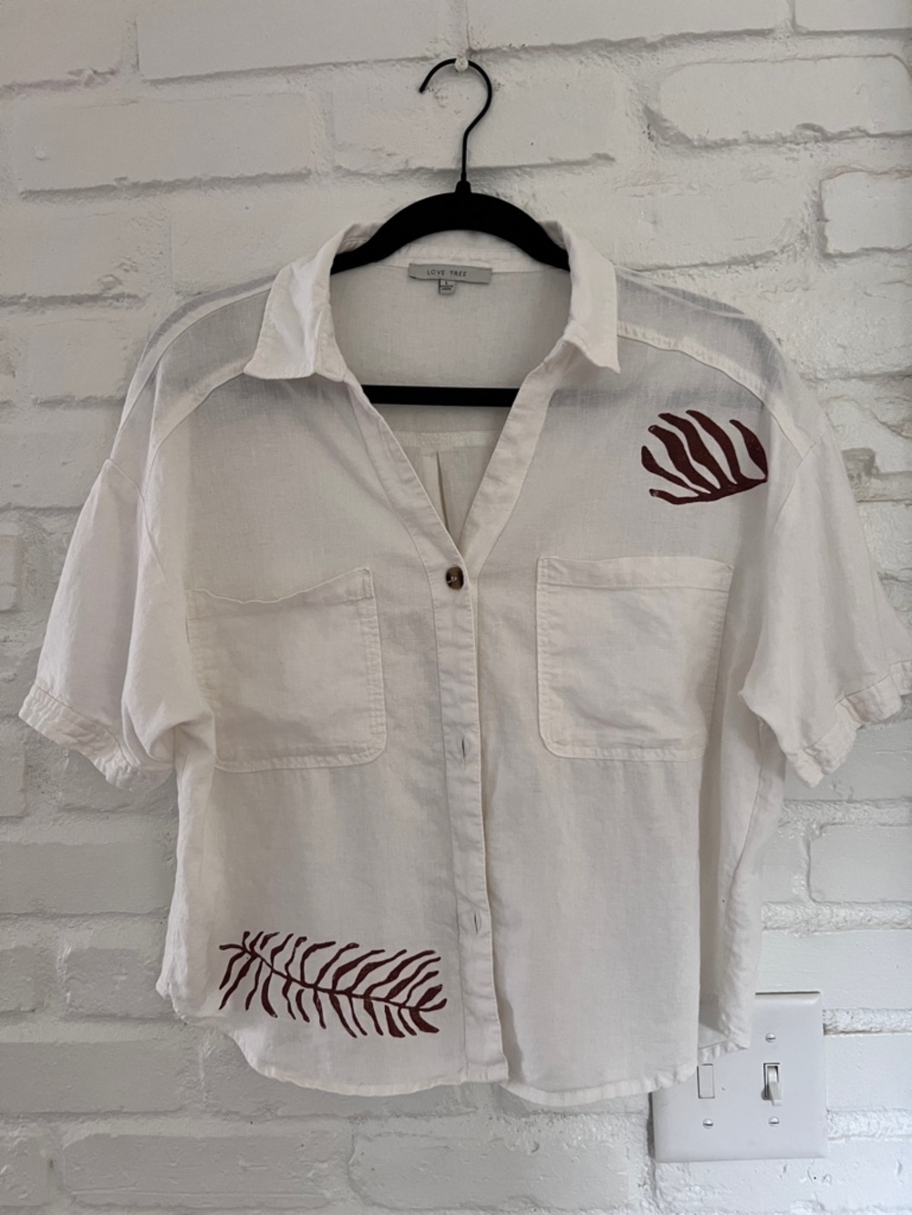 Love Tree White Short Sleeve Button-Up Shirt with Rust Leaf Prints